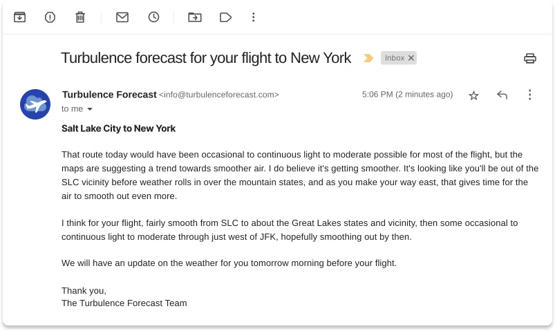Sample forecast email about weather and turbulence trends for a specific flight.