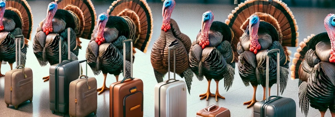 An AI generated image of turkeys with baggage