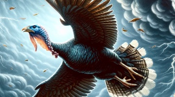 An AI generated image of a turkey in flight