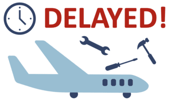 Plane surrounded by tools and the word "Delayed"
