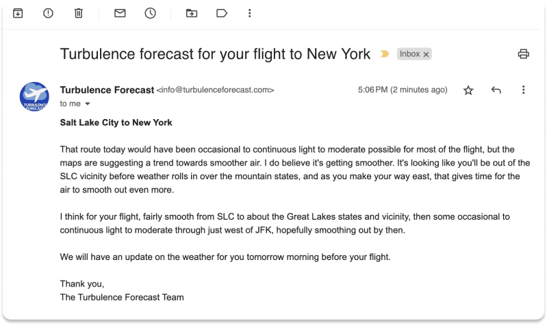 Sample forecast text message about weather and turbulence trends for a specific flight.